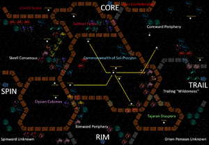 A map depicting the VOREStation setting's relevant areas. It shows the alien factions and where Sol is in relation to everything. It is a highly central location.